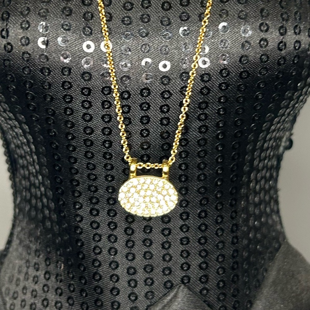 Stunning Gold Tone Pave Crystal Oval Pendant Necklace